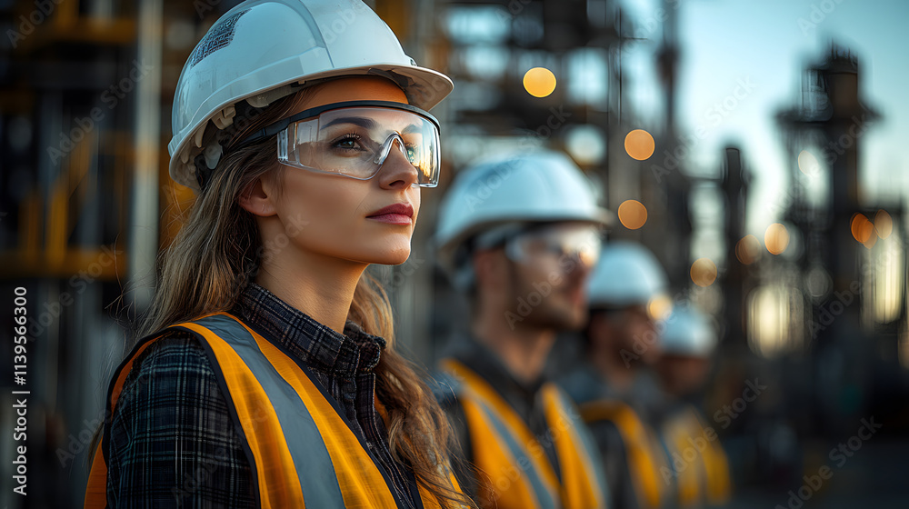 A group of people in high-visibility jackets and white helmets, working together in a construction or safety-focused environment, emphasizing teamwork, safety, and professionalism in industrial settin A group of people in high-visibility jackets and white helmets, working together in a construction or safety-focused environment, emphasizing teamwork, safety, and professionalism in industrial settin