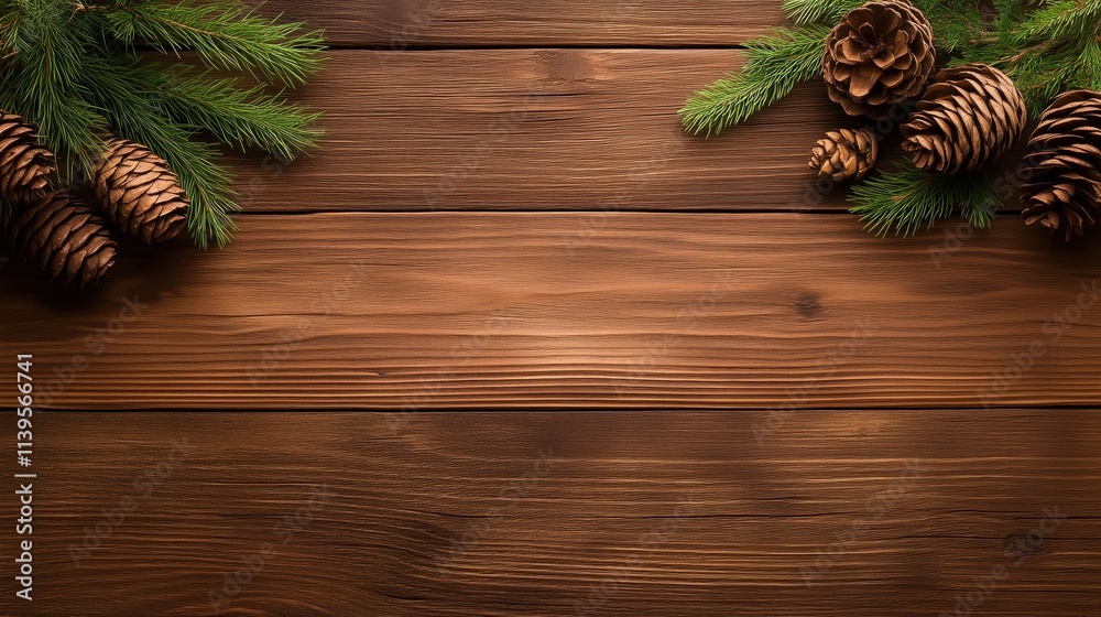 charming display featuring pine cones and evergreen branches is placed on a warm wooden surface, evoking a cozy atmosphere perfect for the holiday season charming display featuring pine cones and evergreen branches is placed on a warm wooden surface, evoking a cozy atmosphere perfect for the holiday season