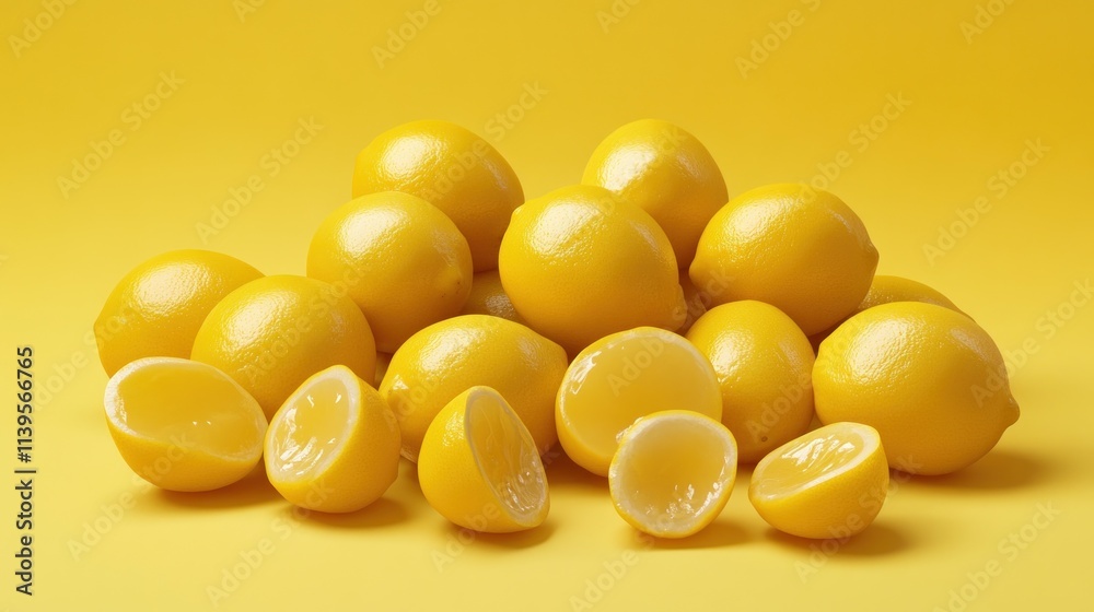 Fototapeta premium Fresh, vibrant lemons, whole and sliced, on a bright yellow background.