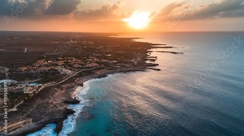 Coastal Sunset Over Mediterranean Resort. Scenic Aerial View of Turquoise Waters and Cliffside Hotels.