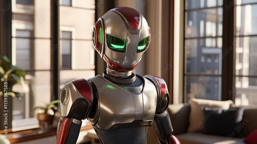 Futuristic robot, standing in modern apartment, with bright green eyes and metallic gray and red armor, observing its surroundings. Futuristic robot, standing in modern apartment, with bright green eyes and metallic gray and red armor, observing its surroundings.