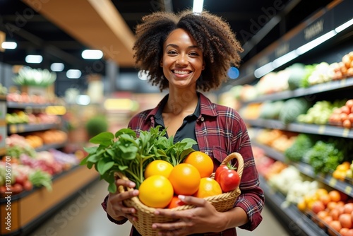 Fototapeta Naklejka Na Ścianę i Meble -  Smiling Woman Holding Basket of Fresh Fruits and Vegetables in Supermarket Aisle, Perfect for Healthy Lifestyle and Grocery Store Promotions