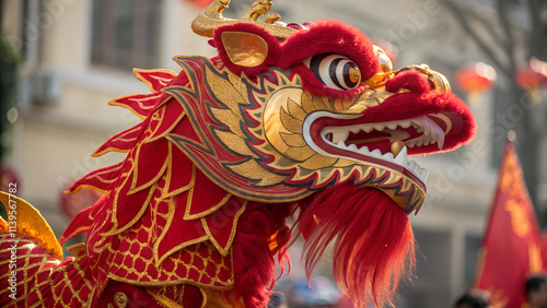 Traditional Chinese dragon head costume with red and gold embroidery details in natural light