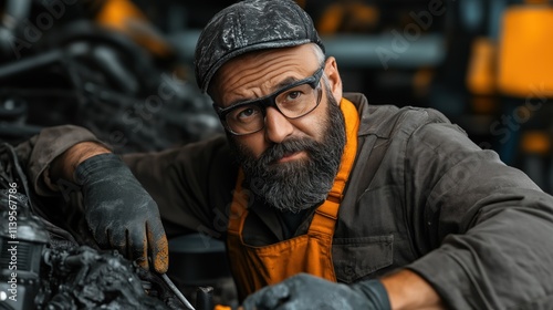 mechanic works diligently on an engine in a workshop. He wears gloves and safety glasses, showcasing concentration and skill as he uses tools for repairs under bright artificial lights