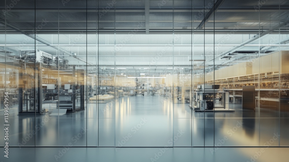 Modern glass-walled factory interior.