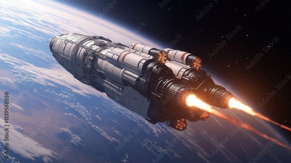 Obraz premium spacecraft propels into deep space with its powerful engines ignited, leaving Earths atmosphere behind. This advanced technology symbolizes humanitys quest for exploration beyond our planet