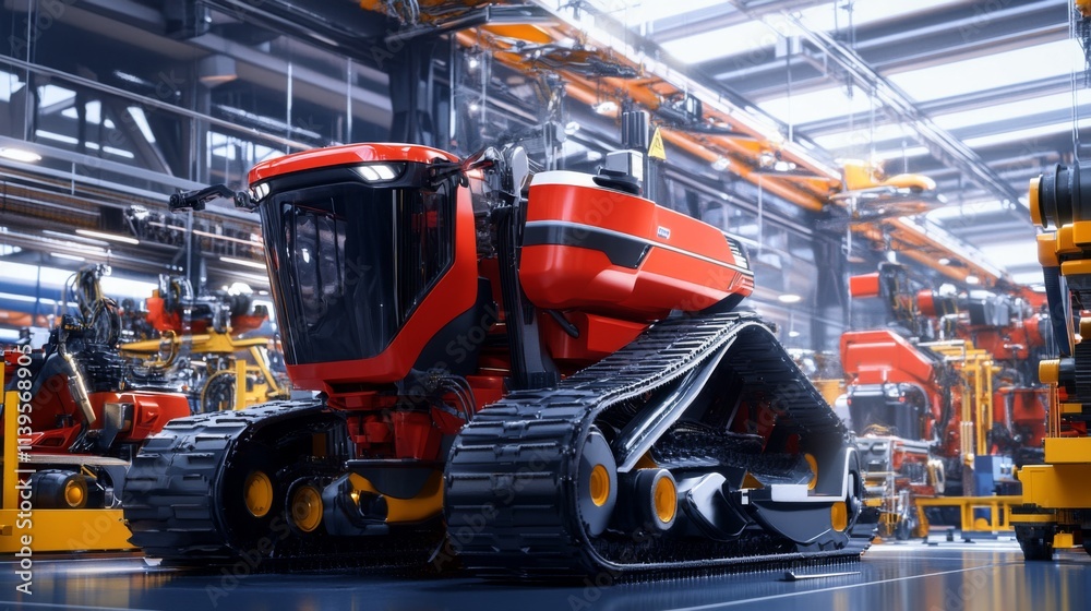 Fototapeta premium Modern red tractor on factory floor.