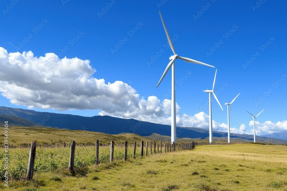Fototapeta premium Wind Turbines Stand Tall Behind a Lush Planted Field, Symbolizing Sustainable Energy and Agriculture Harmony.