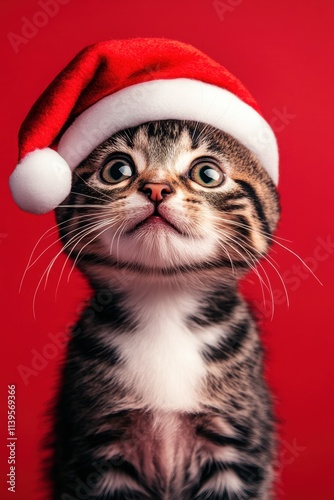 Wallpaper Mural Kitten in Santa Hat on Red Background	 Torontodigital.ca