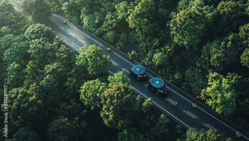 Two autonomous vehicles drive on a forest road.