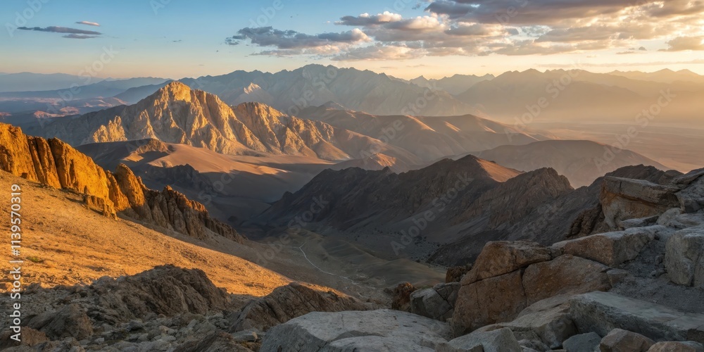 Obraz premium Golden Hour Illumination Over a Vast Mountain Range