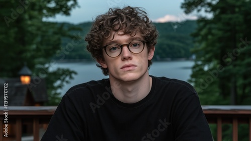 young man with curly hair and glasses looks contemplatively at the camera while seated at a wooden table. calm lake and lush trees create a tranquil backdrop during the evening