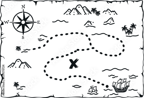 Adventure treasure map vector black silhouette print design