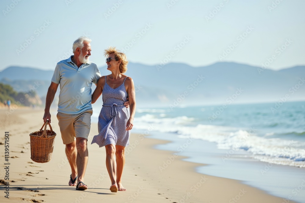 Happy Senior Couple Enjoying a Relaxing Beach Walk Together on a Sunny Day, Perfect for Family, Love, and Vacation Themes Happy Senior Couple Enjoying a Relaxing Beach Walk Together on a Sunny Day, Perfect for Family, Love, and Vacation Themes