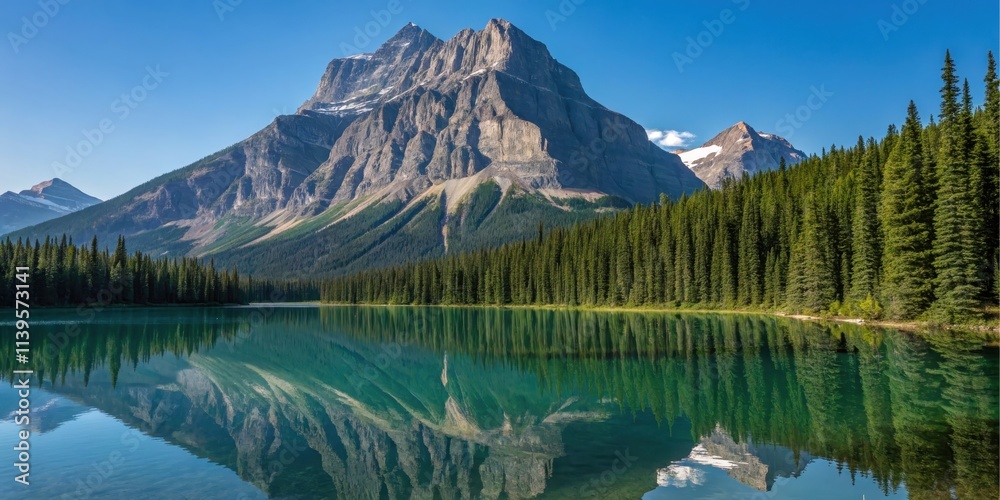 Serene mountain lake reflecting majestic peak and evergreen forest Serene mountain lake reflecting majestic peak and evergreen forest