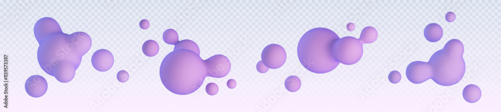 Abstract purple bubbles set isolated on transparent background. Vector realistic illustration of 3d balls, floating morphing spheres, molecular formula particles, paint drops, cosmetic product