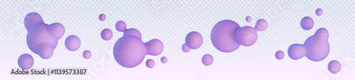 Abstract purple bubbles set isolated on transparent background. Vector realistic illustration of 3d balls, floating morphing spheres, molecular formula particles, paint drops, cosmetic product