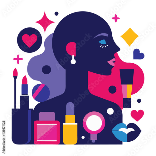 Abstract vector illustration of a pink cosmetic set with makeup brushes, lipstick, and nail polish for beauty and glamour
