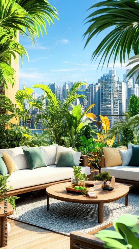Fototapeta premium Lush Urban Oasis: Stylish Modern Terrace with Greenery Overlooking City Skyline Featuring Cozy Seating and Vibrant Plants in Daylight