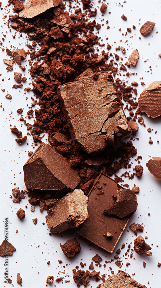 Fototapeta premium Soft mocha mousse eyeshadow scattered on a clean white surface, showcasing powdery texture and delicate details