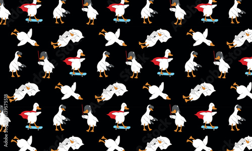 cute seamless pattern with geese. The goose plays with virtual reality glasses, rides a skateboard, and fights with a lightsaber.