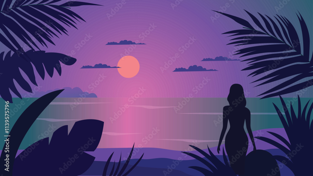 Φωτογραφία Back View of Woman Silhouette on the Beach Landscape with Tropical Plants and Su