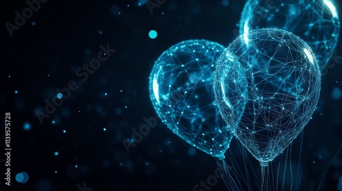 Futuristic balloons with glowing wireframe patterns connected by thin digital lines, floating against a deep dark blue background, creating dynamic depth and ample space for text overlay.
