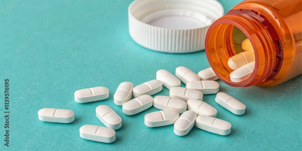 A scattering of oblong white tablets spilled from an amber bottle onto a teal surface. A scattering of oblong white tablets spilled from an amber bottle onto a teal surface.