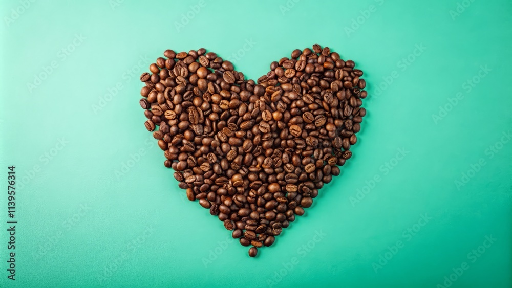 Coffee Bean Heart Silhouette: Minimalist Flat Lay Photography, Geometric Pattern, Mint Background Coffee Bean Heart Silhouette: Minimalist Flat Lay Photography, Geometric Pattern, Mint Background