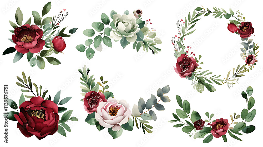 Fototapeta premium Watercolor red and pink floral illustration set - bouquets and wreath red peony, green leaf circle branches collection on white. Wedding invites, wallpapers, fashion. Eucalyptus olive leaves chamomile