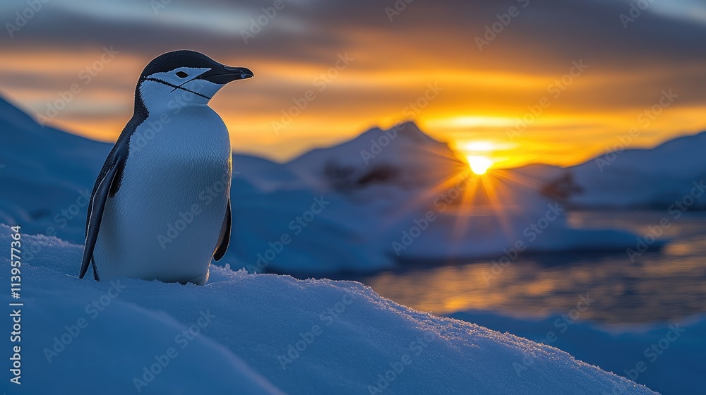 Fototapeta premium Penguin standing on snowdrift at sunset over icy landscape.