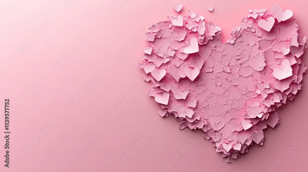 Fototapeta premium Pink broken heart shape made of small hearts on pink background.