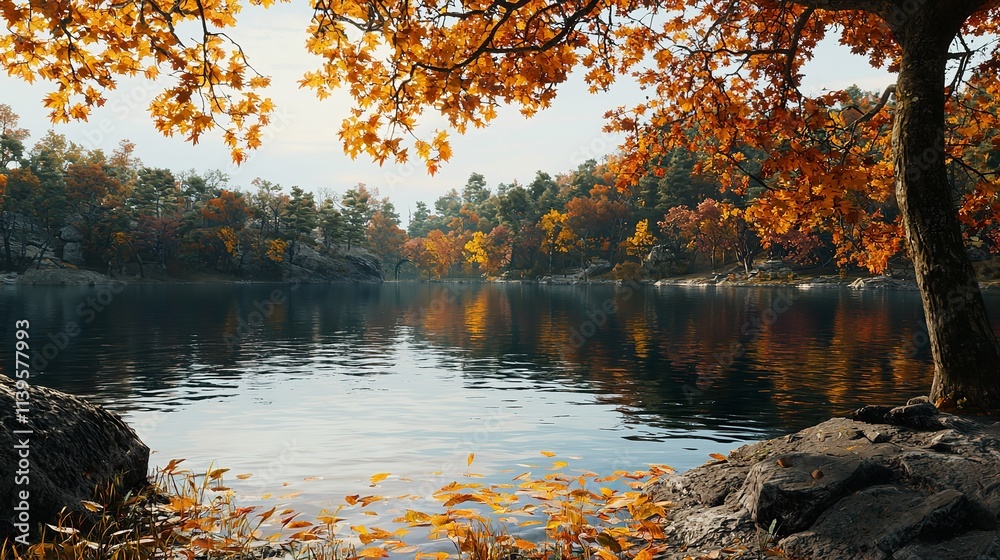 Obraz premium Lake with Autumn Foliage 16K Resolution Ultra Photorealistic