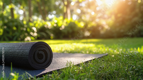 Minimalist Black Yoga Mat in Natural Sunlit Garden Setting with Copy Space