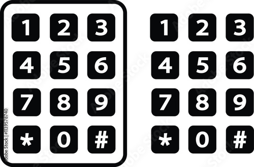 Number pad icons set. Smartphone dial keypad design. Mobile phone numbers panel with numbers and letters. Dial buttons user interface display design vector isolated on transparent background.