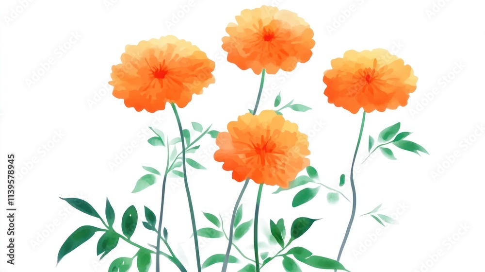 Obraz premium Four orange marigold flowers with green leaves on white background, watercolor style.