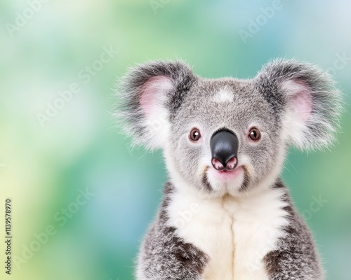 Adorable koala bear close-up portrait against blurred green background. photo