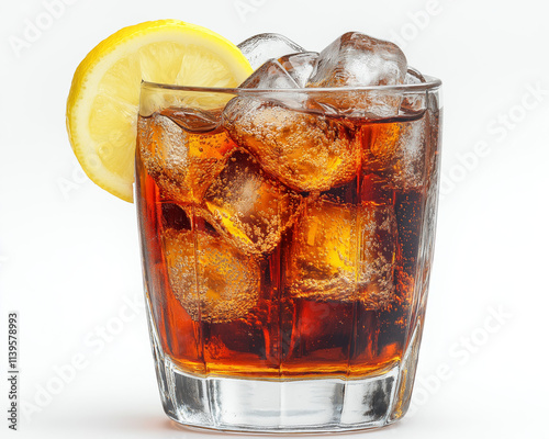 Chilled Cola with Ice Cubes and Lemon Slice in a Glass on White Background