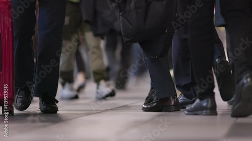 Low shot of legs and feet of people walking in a crowded Tokyo subway train station as a red suitcase rolls by during rush hour in slow motion circa 2024. Captured at 120 frames per second.

