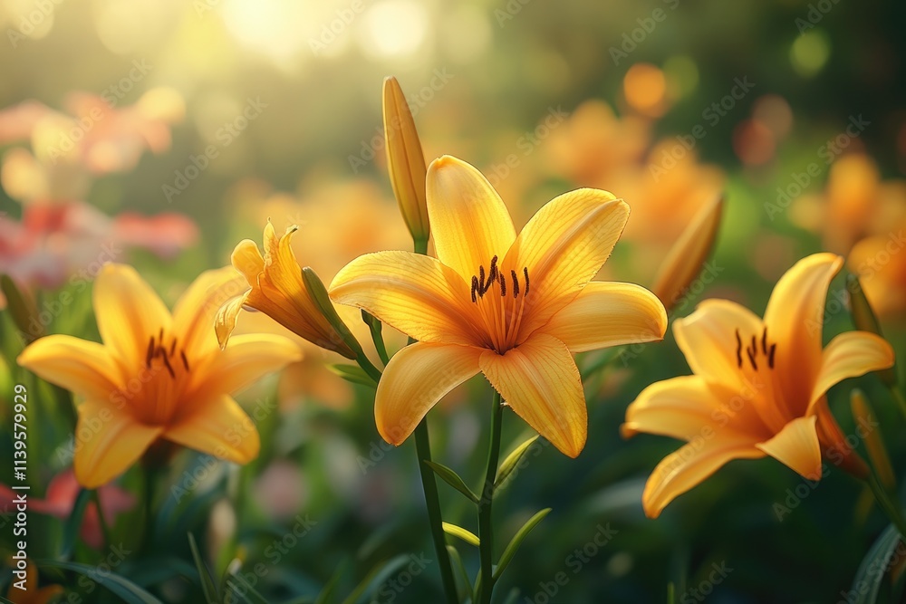 Fototapeta premium Yellow asiatic lilies are blooming in a garden under the warm sunlight