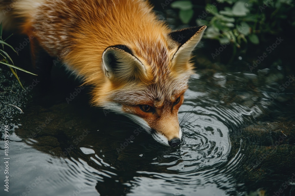 Obraz premium Red fox drinking water from a pond in the forest