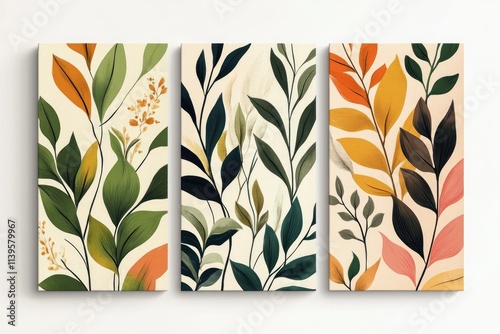 Triptych of colorful foliage paintings representing changing seasons on canvas prints