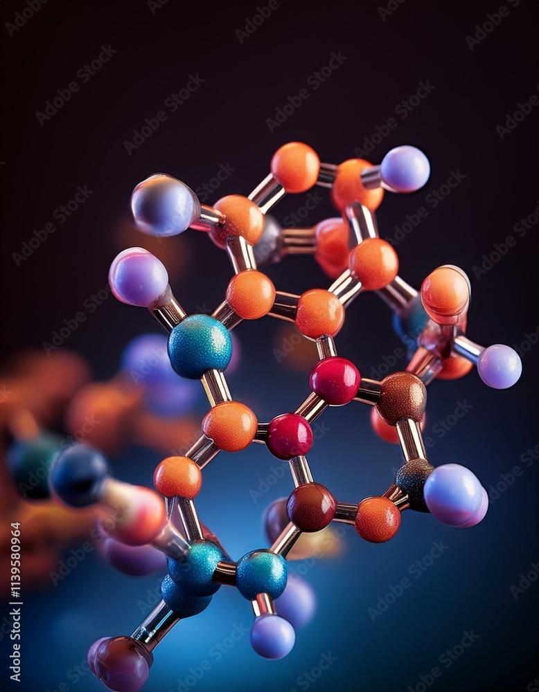 Close-up of a colorful molecular model against a dark background. Close-up of a colorful molecular model against a dark background.