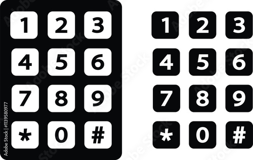 Number pad icons set. Smartphone dial keypad design. Mobile phone numbers panel with numbers and letters. Dial buttons user interface display design vector isolated on transparent background.