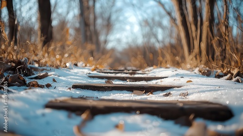 A close-up view of a snowy trail in a forest with wooden and stone pathways,