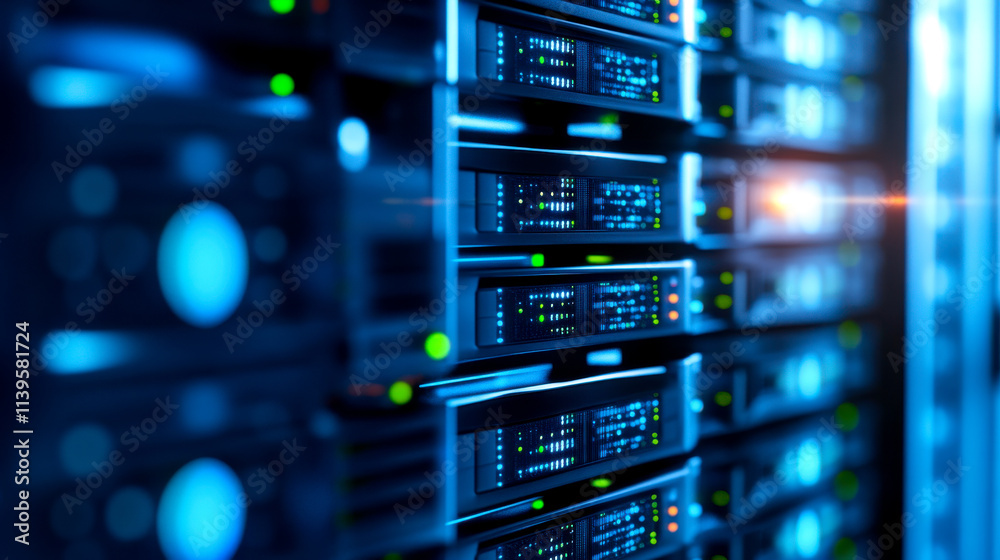 A close-up view of a data center with illuminated servers, showcasing advanced technology and connectivity in a sleek, modern environment.