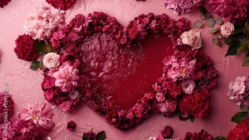 A heart-shaped arrangement of vibrant flowers on a pink background, creating a romantic and artistic floral display.