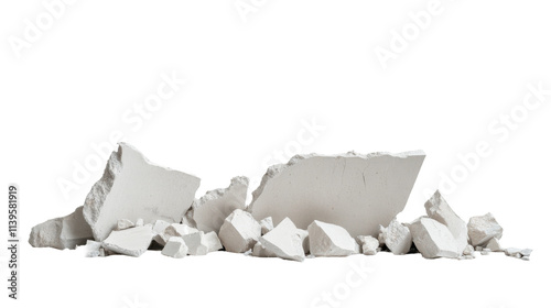 Destruction of white plaster debris scattered on a transparent background for design use