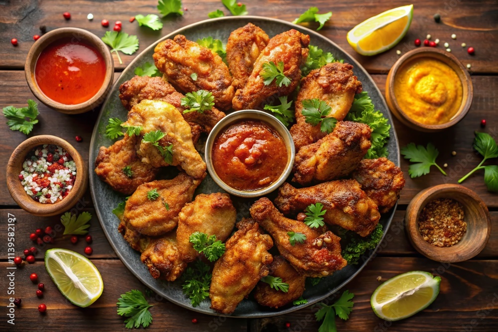 Fototapeta premium Panoramic Chicken Wing Food Photography, Gourmet Wings, Delicious Feast