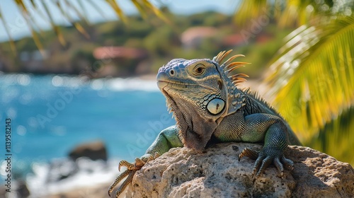 Large iguana resting on rock in tropical paradise